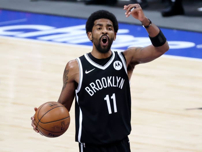 May 6, 2021; Dallas, Texas, USA;  Brooklyn Nets guard Kyrie Irving (11) reacts during the third quarter against the Dallas Mavericks at American Airlines Center.